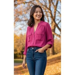 Faded Glory Women's Button Front Top Plus Size 3X (22W-24W) Roll Tab Sleeve Pink